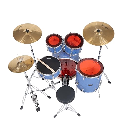 Image of TempoX Professional 5-Piece Acoustic Drum Set with 2 Cymbals & Hi-Hat (Blue) | Heavy-Duty Double Braced Stands | Complete Full Drum Set Kit for Practice & Performance