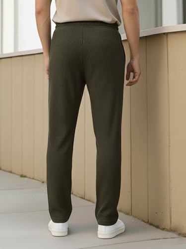 Image of Pinkmint Men's Stretchable Ribbed Track Pants | Poly Lycra Relaxed Fit Trousers | Elastic Waist Drawstring Joggers | Casual, Gym, Lounge Wear for Men