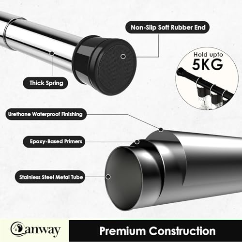 Image of Canway (80-140 CM) Adjustable Curtain Rod Without Drilling Black-Silver | Bathroom & Shower Curtain Rod | Heavy Duty Tension Curtain Rod for Bathroom, Window & Kitchen