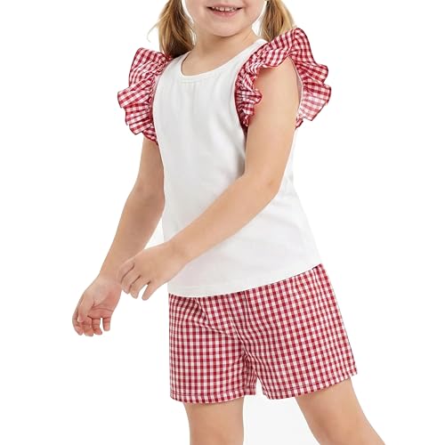 Image of Girls 2 Piece Summer Outfit Cotton Ruffle Sleeve Top Gingham Plaid Shorts Casual Clothes Short Sets Size 5-10