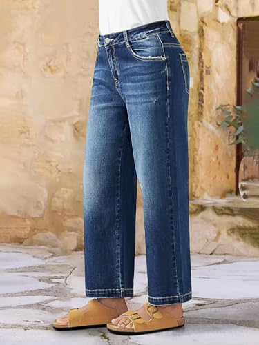 Flamingals Wide Straight Leg Cropped Jeans for Women Mid Rise Baggy Casual Wash Denim Pants4