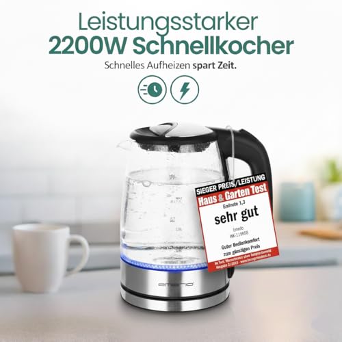 EMERIO Glas Wasserkocher mit 1.7 Liter Volumen | 2200 Watt | blaue LED Innenbeleuchtung | 360° Basis | SIEGER Preis/Leistung Haus & Garten Test | bestes Borosilikatglas | Auto Off | WK-119988.7