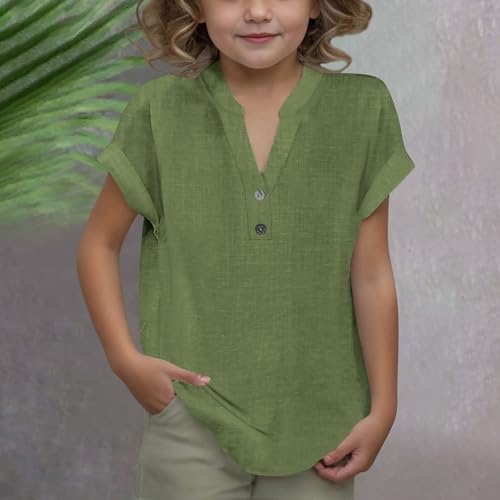 Linen Shirts for Girls Summer Casual Button v Neck Tunic Blouses 2025 Kids Trendy Lightweight Solid Short Sleeve Tops2