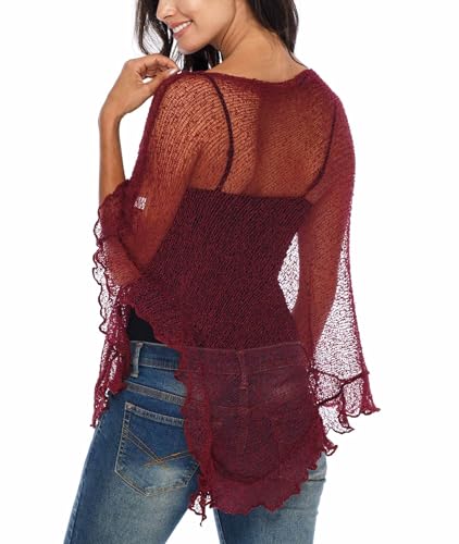 Image of SHU-SHI Women's Sheer Knit Poncho Shrug Lightweight Asymmetrical Ruffle Wrap Dressy Summer Shawl Cover Up Top