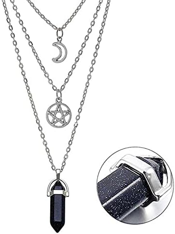 Moon Pentagram Necklace Healing Crystal Necklace for Women, Black Hexagonal Chakra Necklace, Multi Layer Necklace Gothic Necklace Gothic Jewellery for Women Girls Valentine's Day Mother's Day Gifts