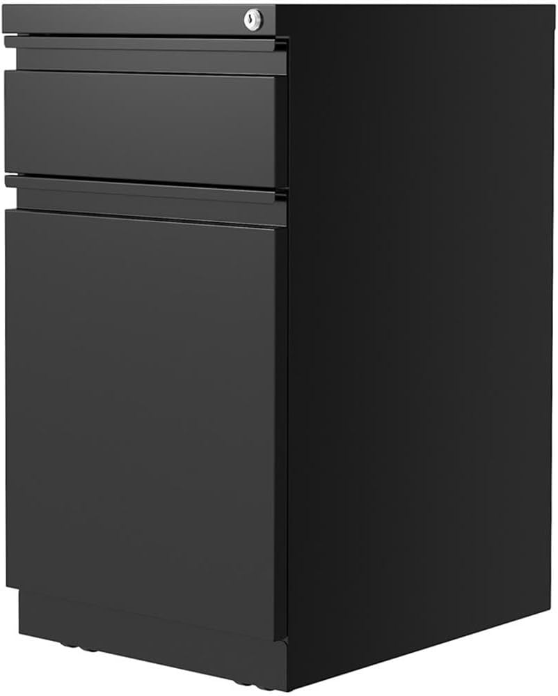 Pemberly Row 2-Drawer Mobile Pedestal Filing Cabinet, 20-Inch Depth, Black Metal, Backpack Drawer for Laptop Bags, Letter-Size File Storage, Hidden Casters, Lockable Commercial Office Filing Solution