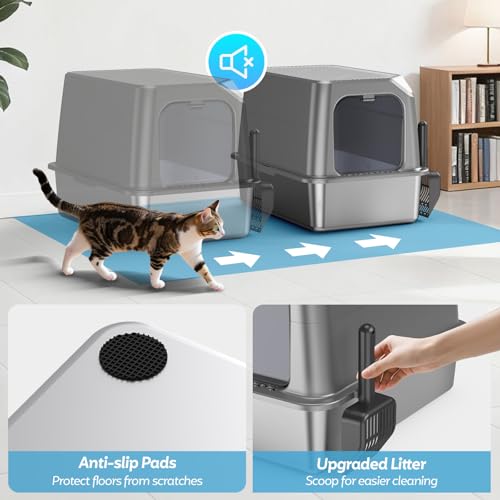 Image of WoofiGo Enclosed Stainless Steel Cat Litter Box with Lid, XL Extra Large Litter Box for Big Cats, Metal Litter Pan High Sided, Never Absorbs Odors, Anti-Urine Leakage, Include Scoop (Light Grey)
