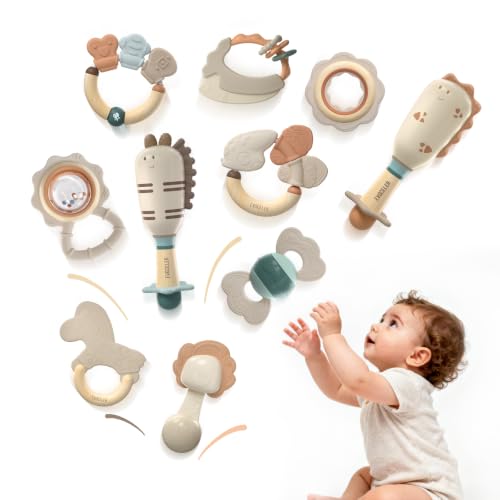 Image of Evoceler Softness Staged Baby Teething Toys with Rattles for 0-6 Months (30° Super Soft, 50° Soft, 70° Regular) -10 Pcs Shaker Toys, Food-Grade Silicone Teethers for Babies 0-18+ Months, BPA Free