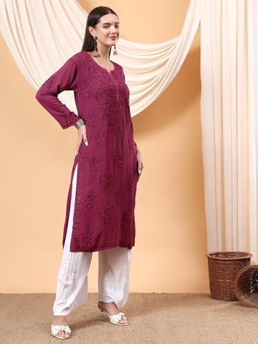 Image of POSHAK CHIKAN STUDIO Women's Hand Embroidered Lucknowi Chikankari Modal Straight Long Kurta, heer