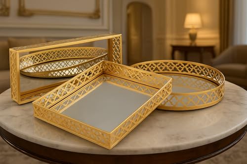 Image of Decorative Mirror Tray for Serving (Rectangular, Square, Round), (Gold) Set of 3 Pcs