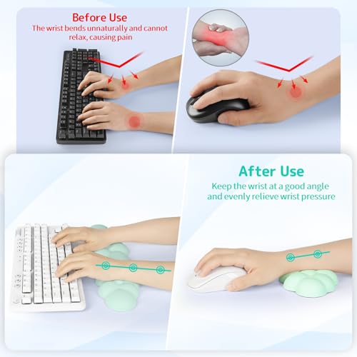 Image of Sushret Cloud Wrist Rest Keyboard, Cloud Keyboard Wrist Pad Set with PU Leather Memory Foam, Cute Arm Rest for Palm Support, PC /Gaming Desk Accessories /Office Setup /Computer Hand Cushion - Light Green