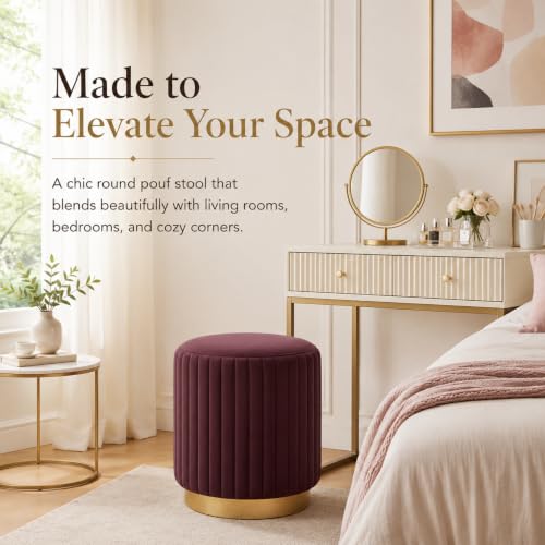Image of Designer Velvet Round Footstool Ottoman with Sturdy Gold Metal Band Base for Home Decor & Extra Seating, Lightweight Pouf Stool for Sofa Side & Bedroom, 16x16x17 Inch (Coffee)
