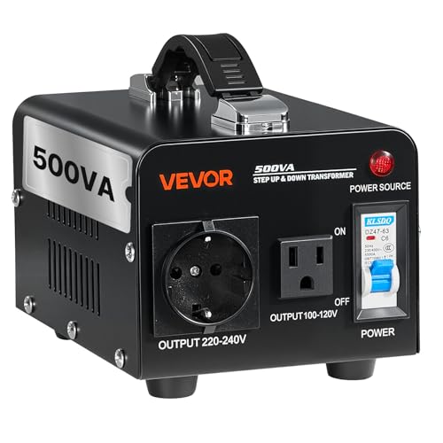 Image of VEVOR Voltage Converter Transformer, 500VA, Heavy Duty Step Up /Down Power Transformer, Convert from 110V to 220V and 220V to 110V, with US Outlet, EU Outlet, Power Cord, Circuit Breaker Protection