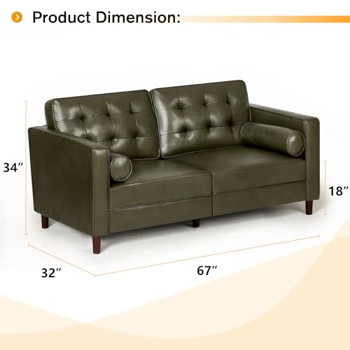 Image of 67 inch Premium Faux Leather 2-Seater Sofa with 2 Bolster Pillows and Tufted Backrest, Mid-Century Modern Loveseat Sofa, Luxury Couch for Living Room, Bedroom, Office, Olive Green