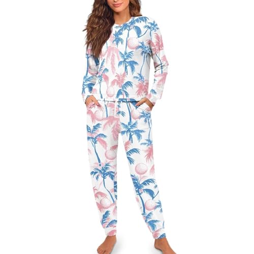Image of Womens Lounge Set Long Sleeve Soft Pajama Sets Casual 2 Piece Pj Outfit Crewneck Sleepwear with Pockets Plus Size