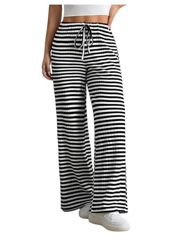 Floerns Women's Wide Leg Drawstring Striped Pants Low Waisted Casual Loose Trousers
