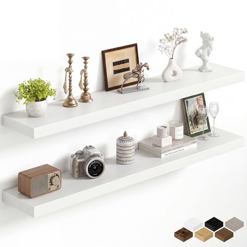 Image of Fun Memories 48Inch Floating Shelves for Wall, 8 Inch Deep Shelves for Bathroom|Bedroom|Kitchen, Large Wall Mounted Wood Hanging Shelf with Invisible Brackets for Home Storage Decor, White - 2 Pack