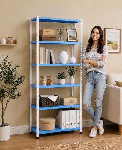 Image of Modern Metal Storage Rack Heavy Duty Organizer Shelf for Home, Kitchen, Living Room, Bedroom & Office | Book Shelf, Plant Stand & Display Rackbin (blue White, Large 60H-35L-09W INCH 6 shelf)