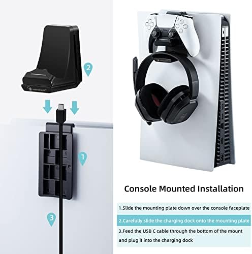 Mcbazel 2 in 1 PS5 Headset Hanger with Charging Stand for PS5 Controllers Charging Docking Stand & Console Hook - Black