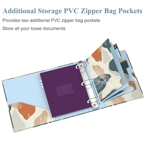 Image of 3 Ring Binder, 3 Inches Round Ring Binder with Clipboard, Dividers Tabs, PVC Zipper Bag Sleeves & to Do List Planners for Women, Men, School, Office Supplies,Boho Leaf