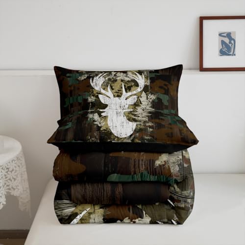 Image of Feelyou Kids Camo Deer Bedding Set King Size, Deer Hunting Comforter Set Green Camo Comforter for Boys Girls Antlers Duvet Insert Microfiber Bed Set