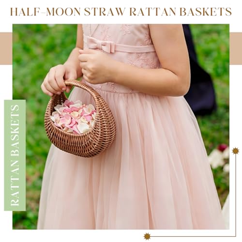 Image of Taiyin 3 Pack Rattan Flower Girl Basket Half Moon Straw Wicker Basket with Handle 6.7 inch x 6.5 inch x 4.3 inch Ideal for Wedding Flower Girl, Picnic, Garden Storage and Home Decor (Brown)