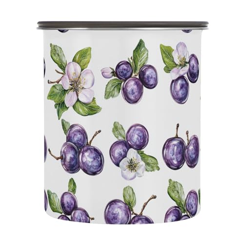Funny Plum Fruit White Food Containers with Lids Stainless Steel Jar Coffee Canister Push Button Top Storage Containers for Pantry 500ML
