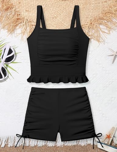 Image of Girls Swimsuit Two Piece Bathing Suit Ruffle Trim Swimsuits for Girls Tankini with Drawstring Shorts Swimwear 9-18Y