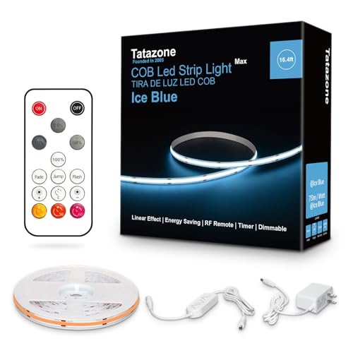 Tatazone COB Led Strip Lights with RF Remote | 16.4ft, Ice Blue Color, Dimmable, Adhesive, for Cabinet Painting Room Bed Decor
