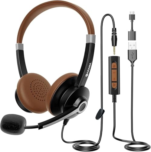Arama USB Headset with Microphone Noise Cancelling & in-line Call Controls, Ultra Comfort 3.5mm Wired Headset for Cell Phone, Computer Headset with Mute for PC Laptop Skype Webinar Home Office