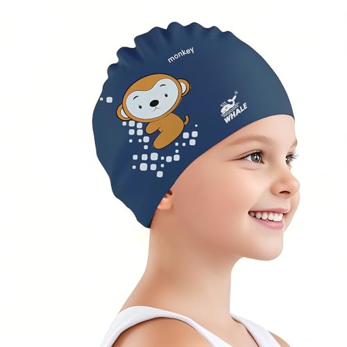Kids Swim Cap Cute Animal Print Swimming Cap Suitable for Boys and Girls Aged 3-16 Years Old(Monkeys Print Pattern)