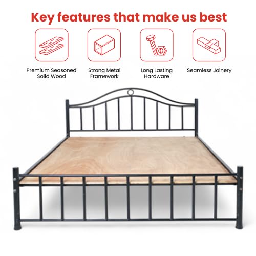 Image of NEUDOT RM Napster Metal Queen Bed Frame - Heavy Duty All-Metal Platform Bed - 200kg Weight Capacity, Powder-Coated Finish, Curved Headboard - Modern Minimalist Bedroom Furniture, Black Finish