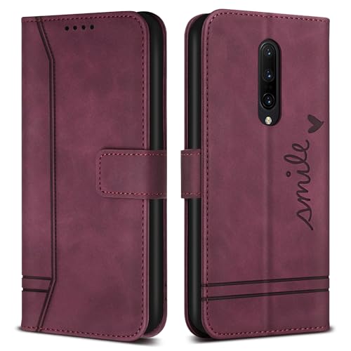 Bravoday Hülle für OnePlus 7T Pro/OnePlus 7 Pro, PU Ledertasche Handyhülle mit Kartenfäch und Kickstand, Flip Schutzhülle Kompatibel mit OnePlus 7T Pro/OnePlus 7 Pro, Weinrot