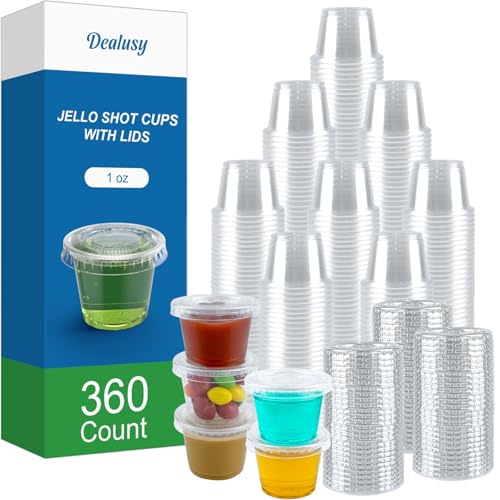 Dealusy 360 Set 1 oz Jello Shot Cups with Lids Sturdy & Food Safe Disposable Plastic Portion Condiment Dipping Sauce Cups Small Containers for Salad Dressing
