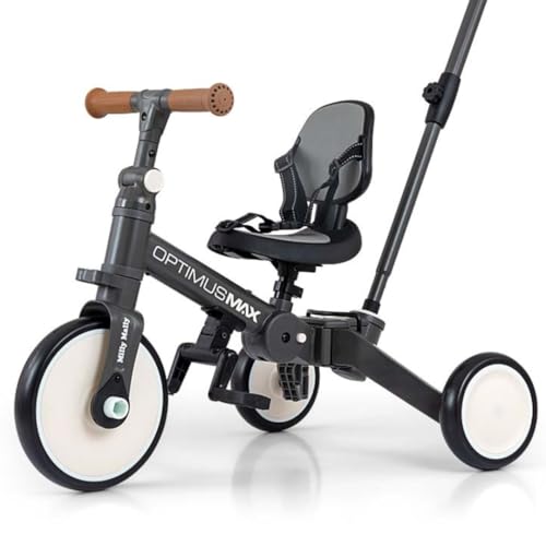 Milly Mally Tricycle 5in1 Optimus Max Baby-Dreirad Dreirad für Kinder mit Steuergriff für Eltern 1 bis 4 Jahren (Dark Grey)