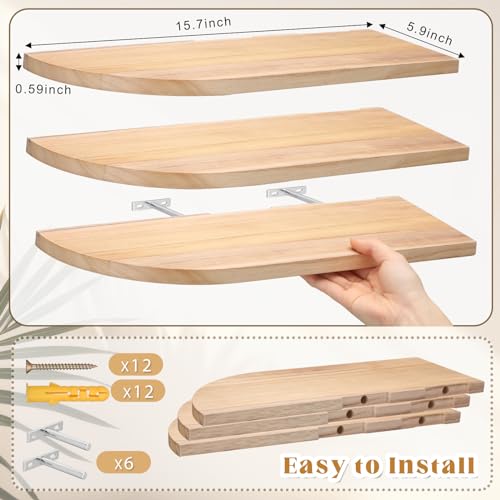 Vercraft Set of 3 Floating Shelves for Wall 15.7 Inch Wood Shelves Wall Mounted Wood Floating Shelf Wall Bookshelf Floating Wooden Shelf for Kitchen Bathroom Office Corner Storage Decor (Burlywood) - Thumbnail 4