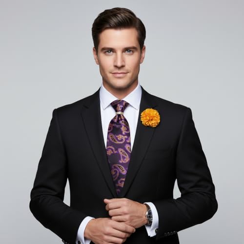 Image of 5PCS Mens Premium Silk Tie, Pocket Square, Cufflinks, Drilled Tie Ring and Lapel Pin Set for Wedding Groom Party