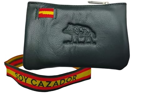 Monedero de Piel con los Colores de la Bandea de España. Monedero Español Hecho Artesanalmente. Incluye Llavero y Pulsera de España. (Jabalí Verde)
