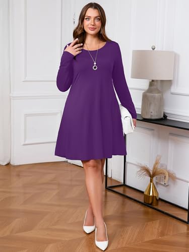 AusLook Women's Plus Midi Dress Long Sleeve Crew Neck A-Line Casual Swing Flowy Floral Vacation Boho Fall Maternity Wedding Guest Work Purple 4X 2025 Dresses — view 5