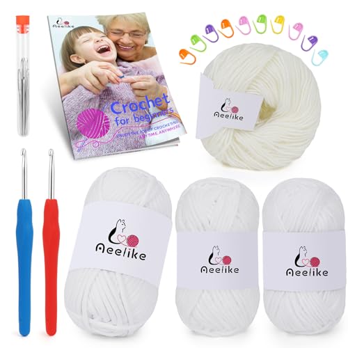 Aeelike Beginner Crochet Yarn Kit w 4 Different Materials White