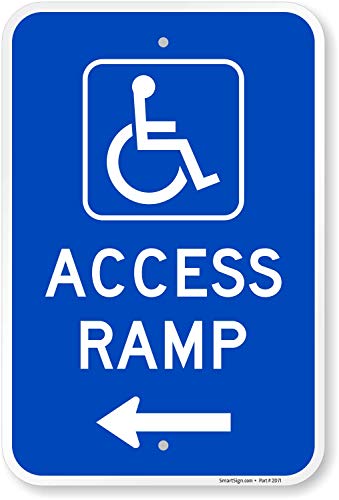 SmartSign 18 x 12 inch “Access Ramp” Metal Sign with ADA Accessibility Symbol and Left Arrow, 63 mil Laminated Rustproof Aluminum, Blue and White, Made in USA