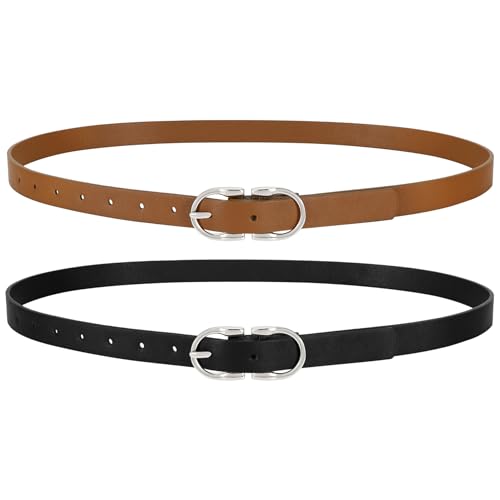 WERFORU 2Pack Thin Belts for Women Skinny Leather Belts for Jeans Pants Women Thin Leather Belt Black Belt with Gold Buckle