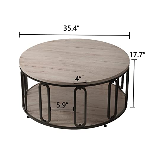 Easyzon Rustic Round Coffee Table, Wooden 2 Tier Living Room Table With Open Storage Shelf, O-Shaped Steel Frame Industrial Tables For Home/Office/Reception, Light Oak #TOP2