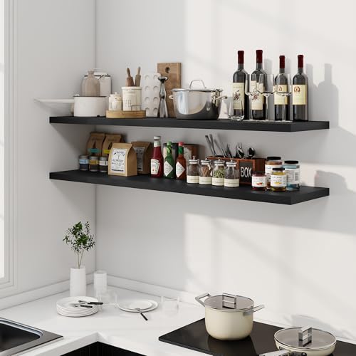 Image of Dreamland 55 inch Floating Shelves for Wall, 12 inch Deep Slim Black Floating Shelves, Wall-Mounted Shelves for Bedroom, Living Room, Kitchen, Bathroom - Set of 2