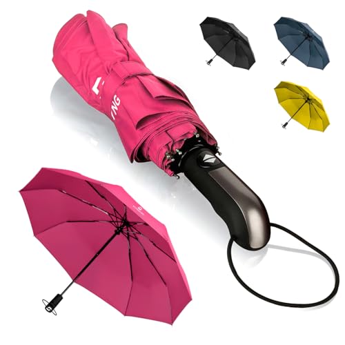 STYNGARD Regenschirm sturmfest bis 140 km/h - Taschenschirm mit Auf-zu-Automatik und zertifizierter Teflon-Beschichtung gegen Feuchtigkeitsschäden - langer Griff - Modell TRONDHEIM (Pink)