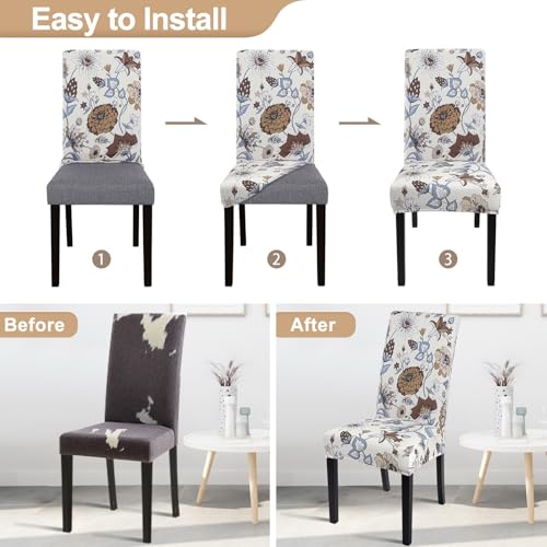Image of SearchI Printed Dining Room Chair Covers Set of 6, Stretch Kitchen Chair Covers Washable Parsons Chair Slipcover Removable Dining Chair Protectors for Hotel,Ceremony(Big Flower)