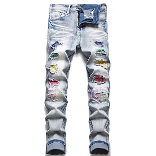 Jean stretch déchiré patchwork droit pour homme style streetwear et tendance