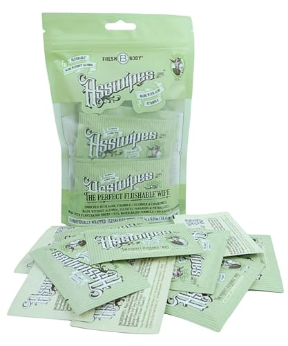 Asswipes Flushable Wipes for Adults 60 Count, Individually Wrapped Travel Flushable Butt Wipes - Extra-Large, Alcohol-Free with Aloe and Vitamin E, No Added Fragrance