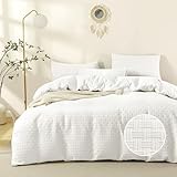 JELLYMONI Duvet Cover Queen Size Waffle Weave Duvet Cover Set White 3PCS Soft Polyester Tufted Textured Breathable Knitted Jacquard Striped Comforter Cover with Corner Ties & Zipper Closure
