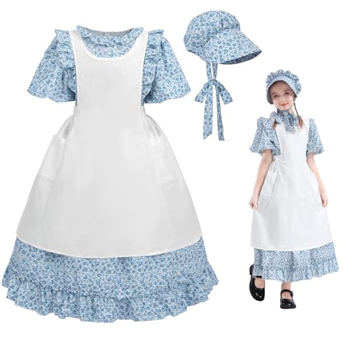 Vestido colonial floral para niñas con delantal y sombrero miniatura 1